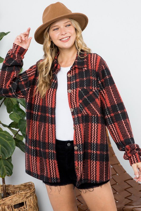 FUZZY PLAID BUTTON DOWN SHACKET - Bitsy Gypsy Boutique