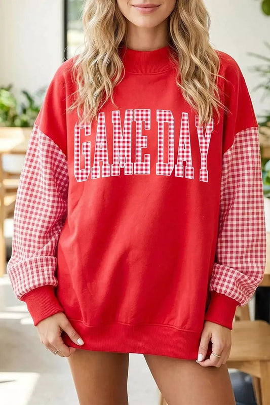 Game Day Plaid Sleeve Mock Neck Sweatshirt - Bitsy Gypsy Boutique