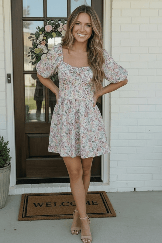 Garden Party Dreams Floral Puff Sleeve Mini Dress - Bitsy Gypsy Boutique