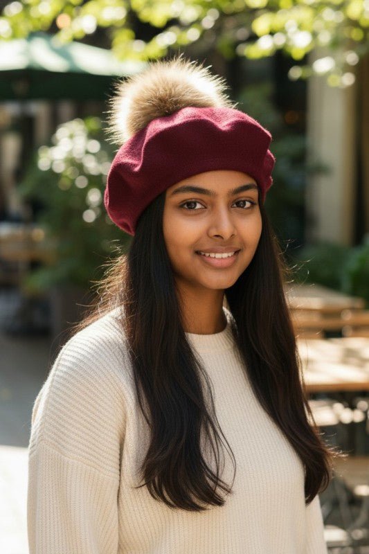 Genuine Fur Pom Cashmere Beret - Bitsy Gypsy Boutique