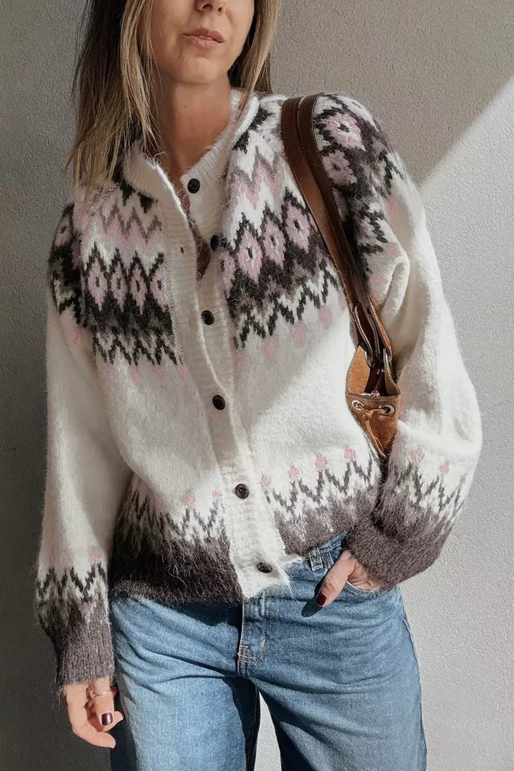 Geometric Pattern Brushed Knit Button Cardigan - Bitsy Gypsy Boutique