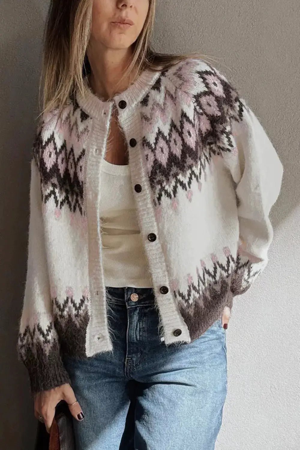 Geometric Pattern Brushed Knit Button Cardigan - Bitsy Gypsy Boutique