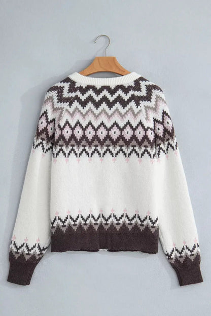 Geometric Pattern Brushed Knit Button Cardigan - Bitsy Gypsy Boutique