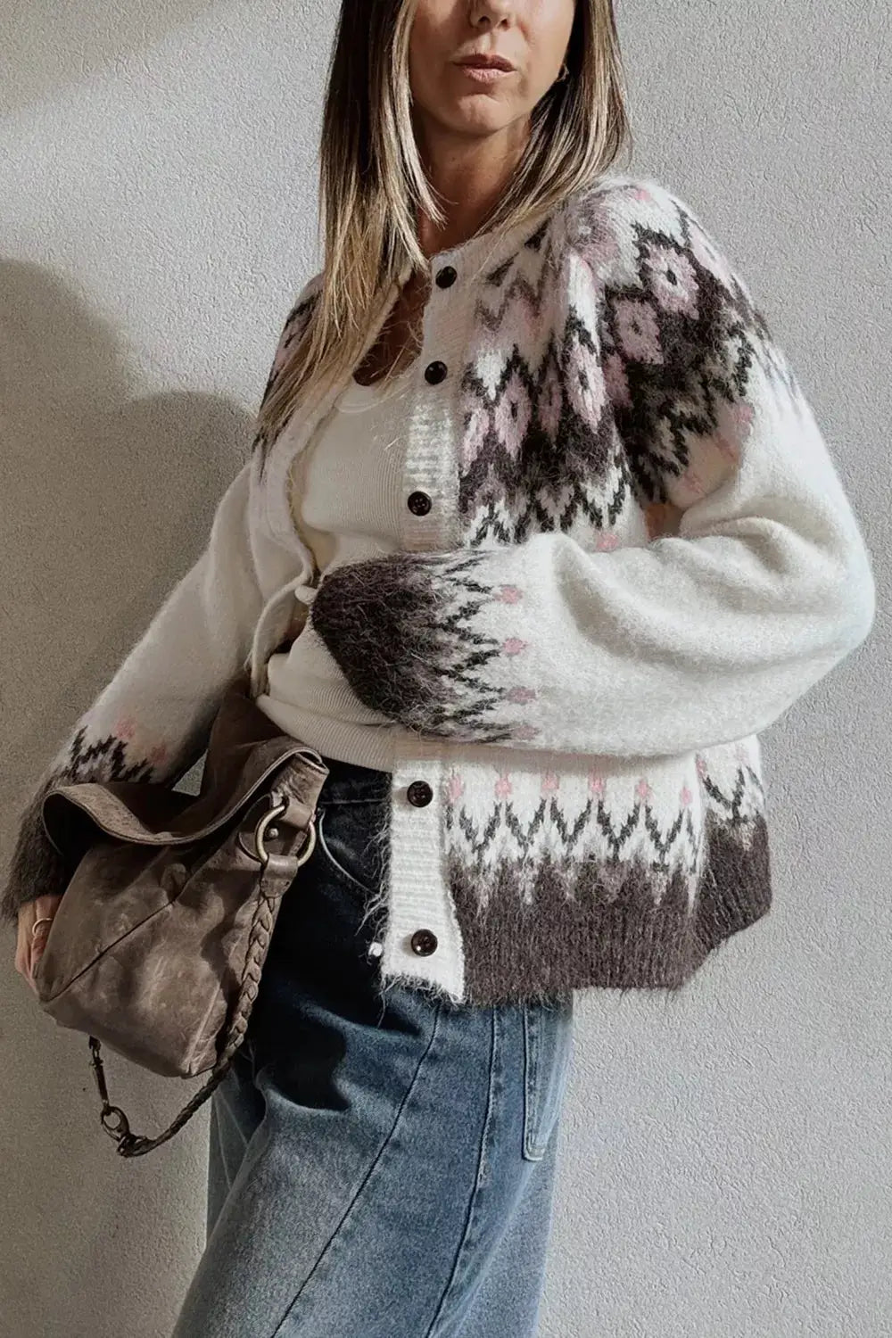 Geometric Pattern Brushed Knit Button Cardigan - Bitsy Gypsy Boutique