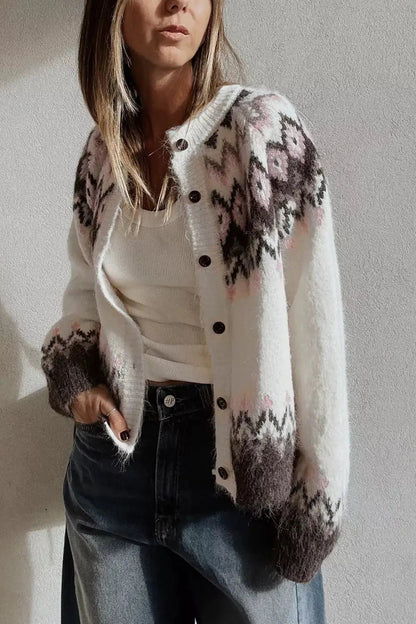 Geometric Pattern Brushed Knit Button Cardigan - Bitsy Gypsy Boutique