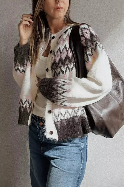 Geometric Pattern Brushed Knit Button Cardigan - Bitsy Gypsy Boutique