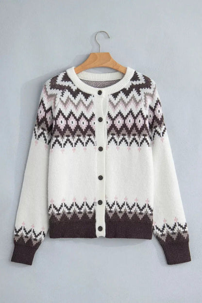 Geometric Pattern Brushed Knit Button Cardigan - Bitsy Gypsy Boutique