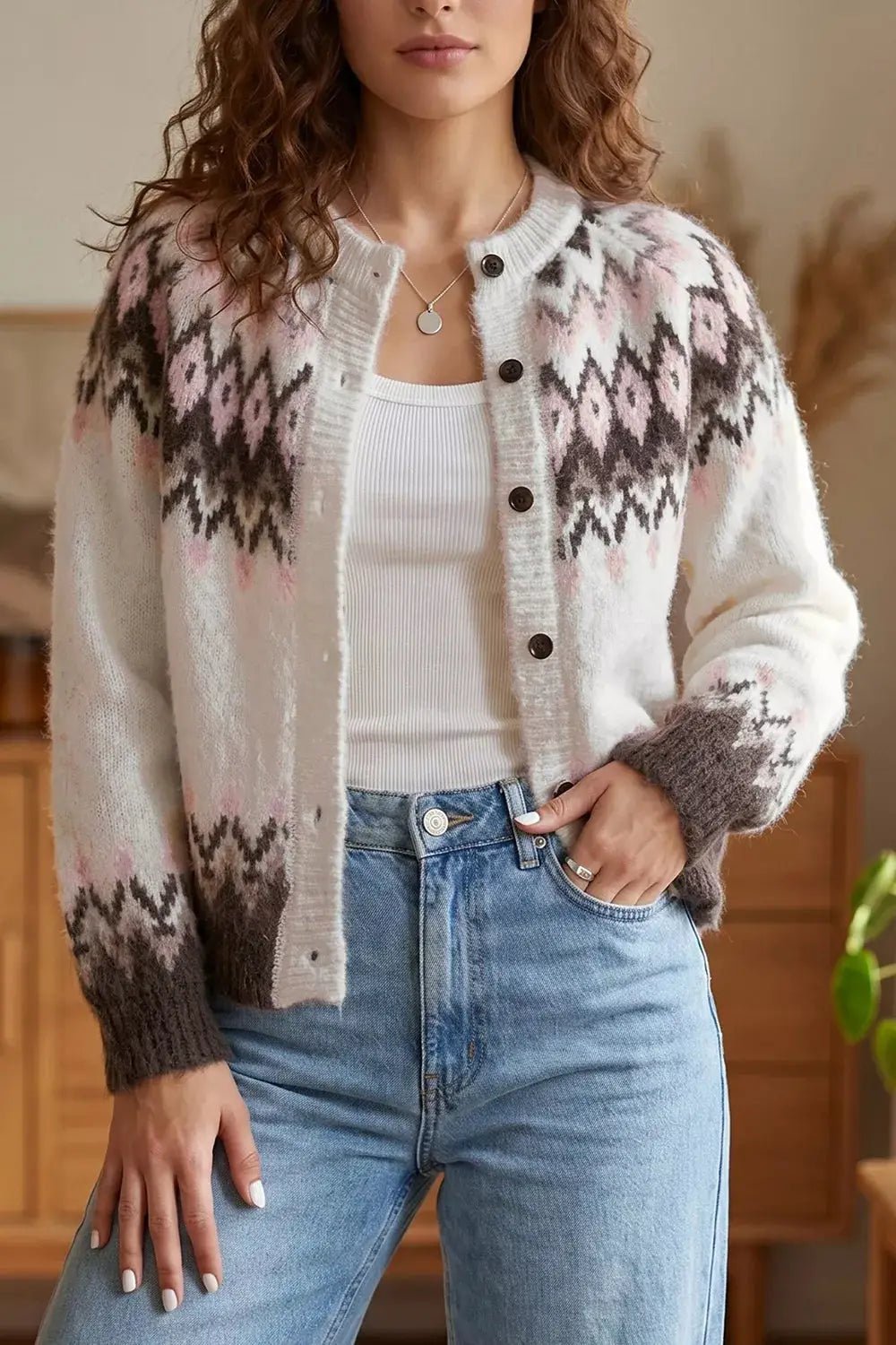 Geometric Pattern Brushed Knit Button Cardigan - Bitsy Gypsy Boutique