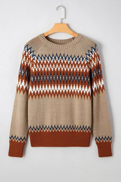Geometric Pattern Long Sleeve Crew Neck Sweater - Bitsy Gypsy Boutique