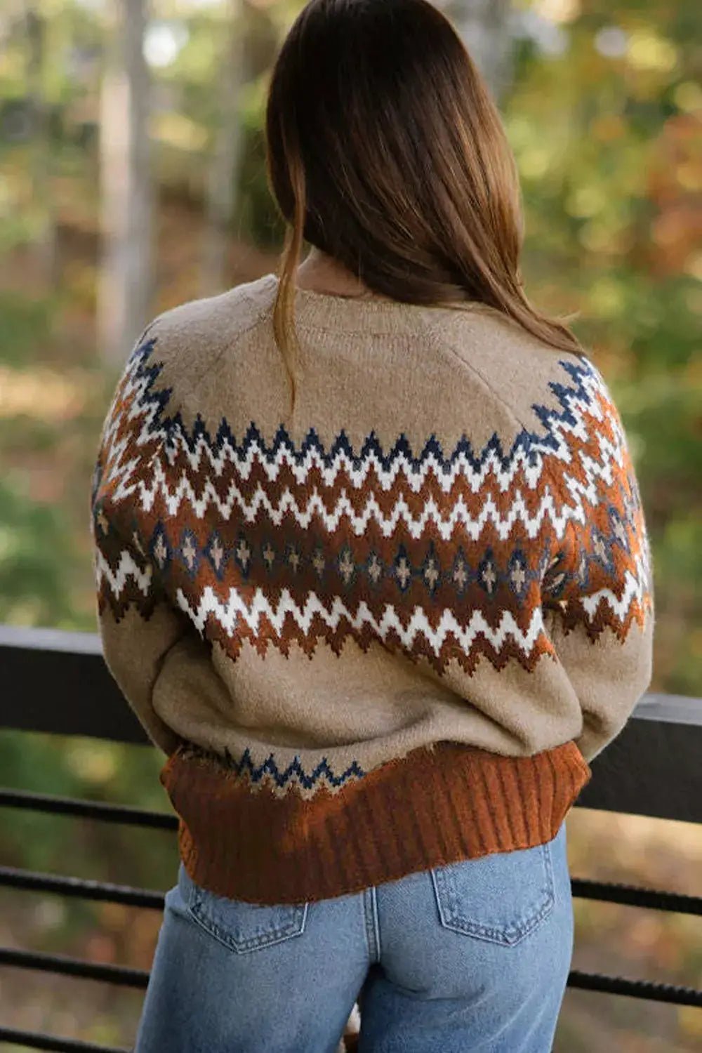 Geometric Pattern Long Sleeve Crew Neck Sweater - Bitsy Gypsy Boutique