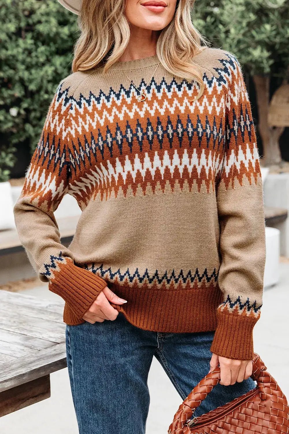 Geometric Pattern Long Sleeve Crew Neck Sweater - Bitsy Gypsy Boutique