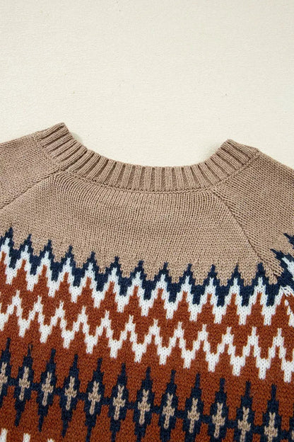 Geometric Pattern Long Sleeve Crew Neck Sweater - Bitsy Gypsy Boutique