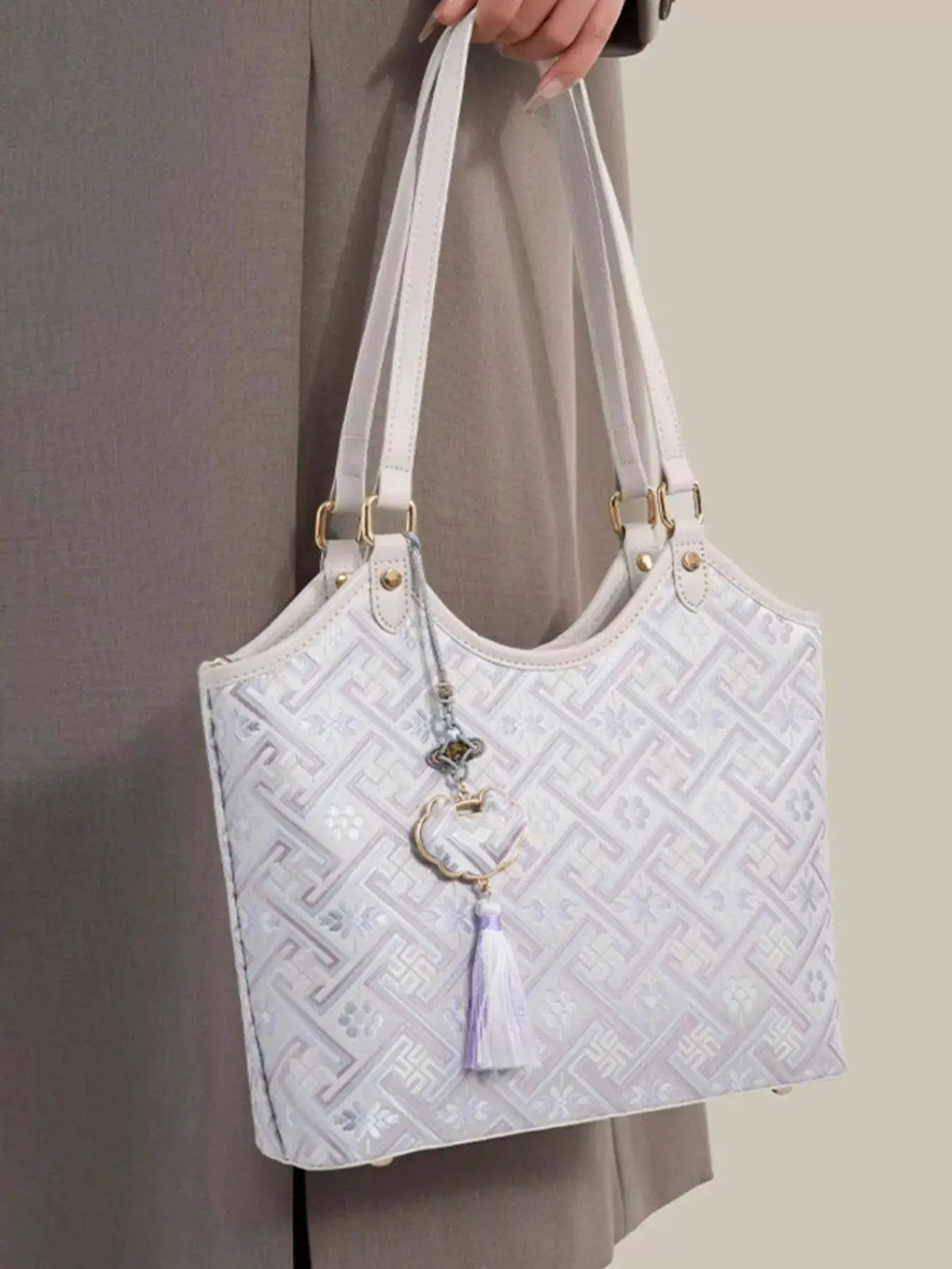 Geometric Pattern Shoulder Bag With Tassel Charm - Bitsy Gypsy Boutique