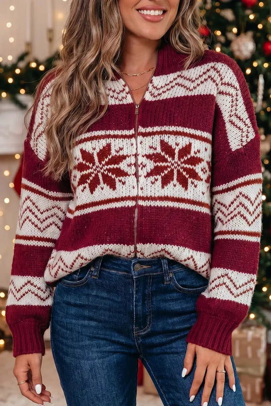 Geometric Pattern Zip-Up Knit Long Sleeve Regular Fit Cardigan - Bitsy Gypsy Boutique