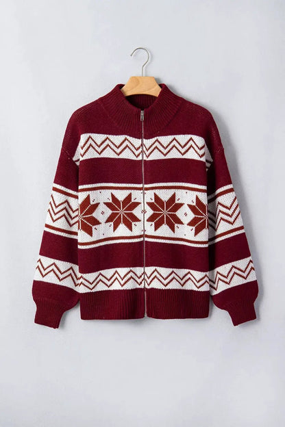 Geometric Pattern Zip-Up Knit Long Sleeve Regular Fit Cardigan - Bitsy Gypsy Boutique