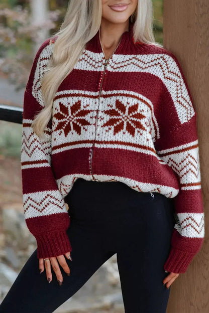 Geometric Pattern Zip-Up Knit Long Sleeve Regular Fit Cardigan - Bitsy Gypsy Boutique