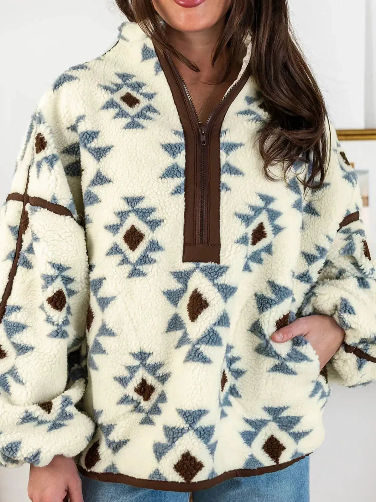 Geometric Print Sherpa Western Long Sleeve Sweatshirt - Bitsy Gypsy Boutique