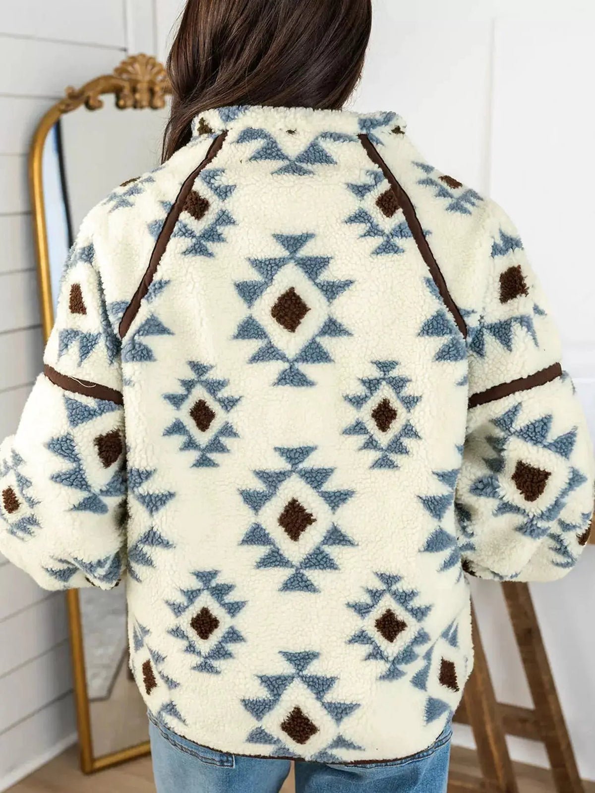 Geometric Print Sherpa Western Long Sleeve Sweatshirt - Bitsy Gypsy Boutique