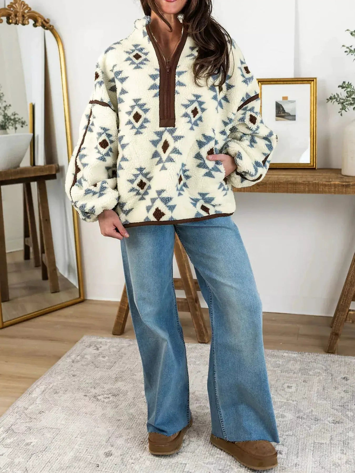 Geometric Print Sherpa Western Long Sleeve Sweatshirt - Bitsy Gypsy Boutique