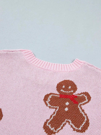 Gingerbread Pattern Round Neck Long Sleeve Shift Sweater - Bitsy Gypsy Boutique