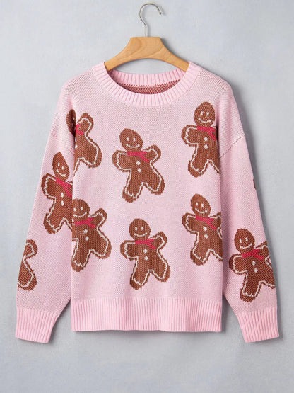 Gingerbread Pattern Round Neck Long Sleeve Shift Sweater - Bitsy Gypsy Boutique