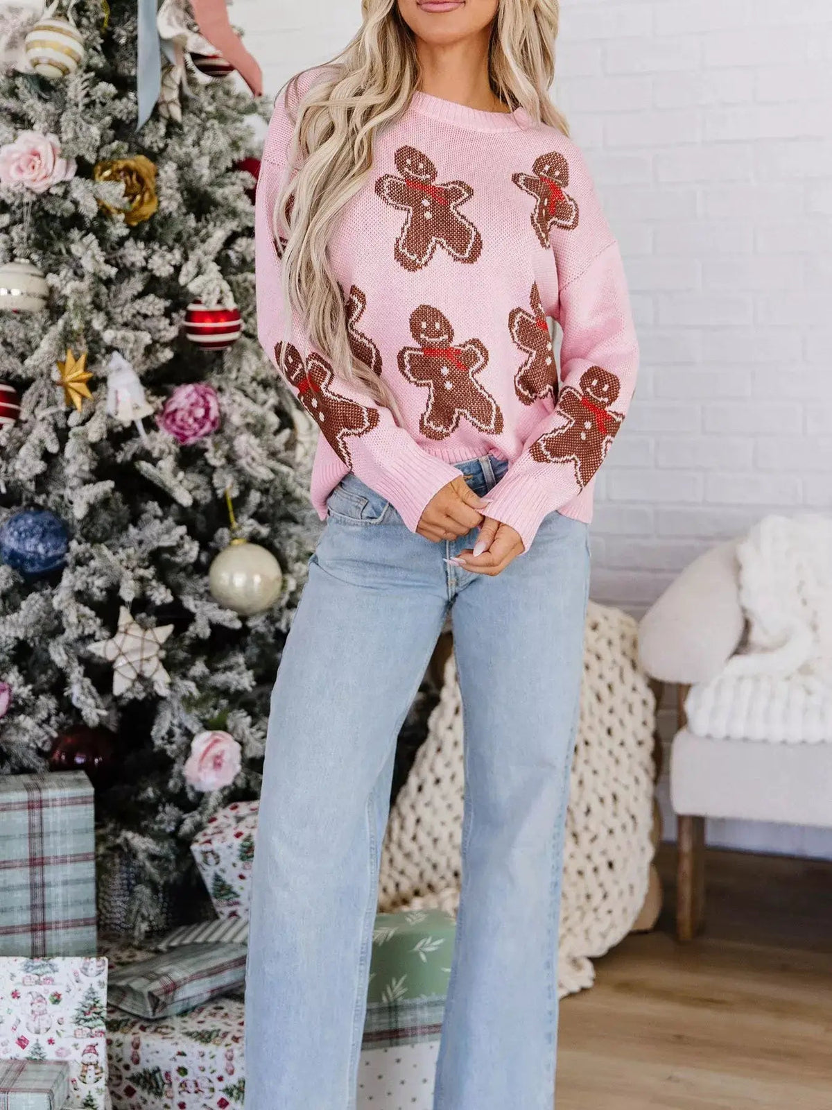 Gingerbread Pattern Round Neck Long Sleeve Shift Sweater - Bitsy Gypsy Boutique