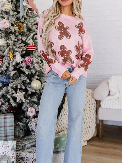 Gingerbread Pattern Round Neck Long Sleeve Shift Sweater - Bitsy Gypsy Boutique