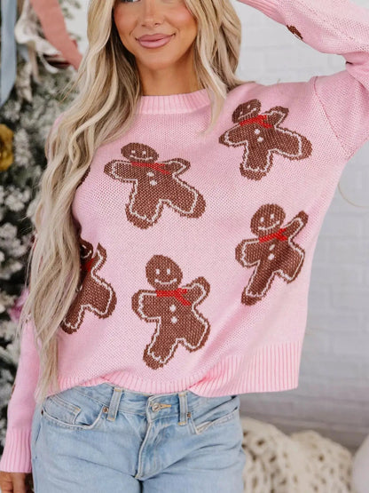 Gingerbread Pattern Round Neck Long Sleeve Shift Sweater - Bitsy Gypsy Boutique