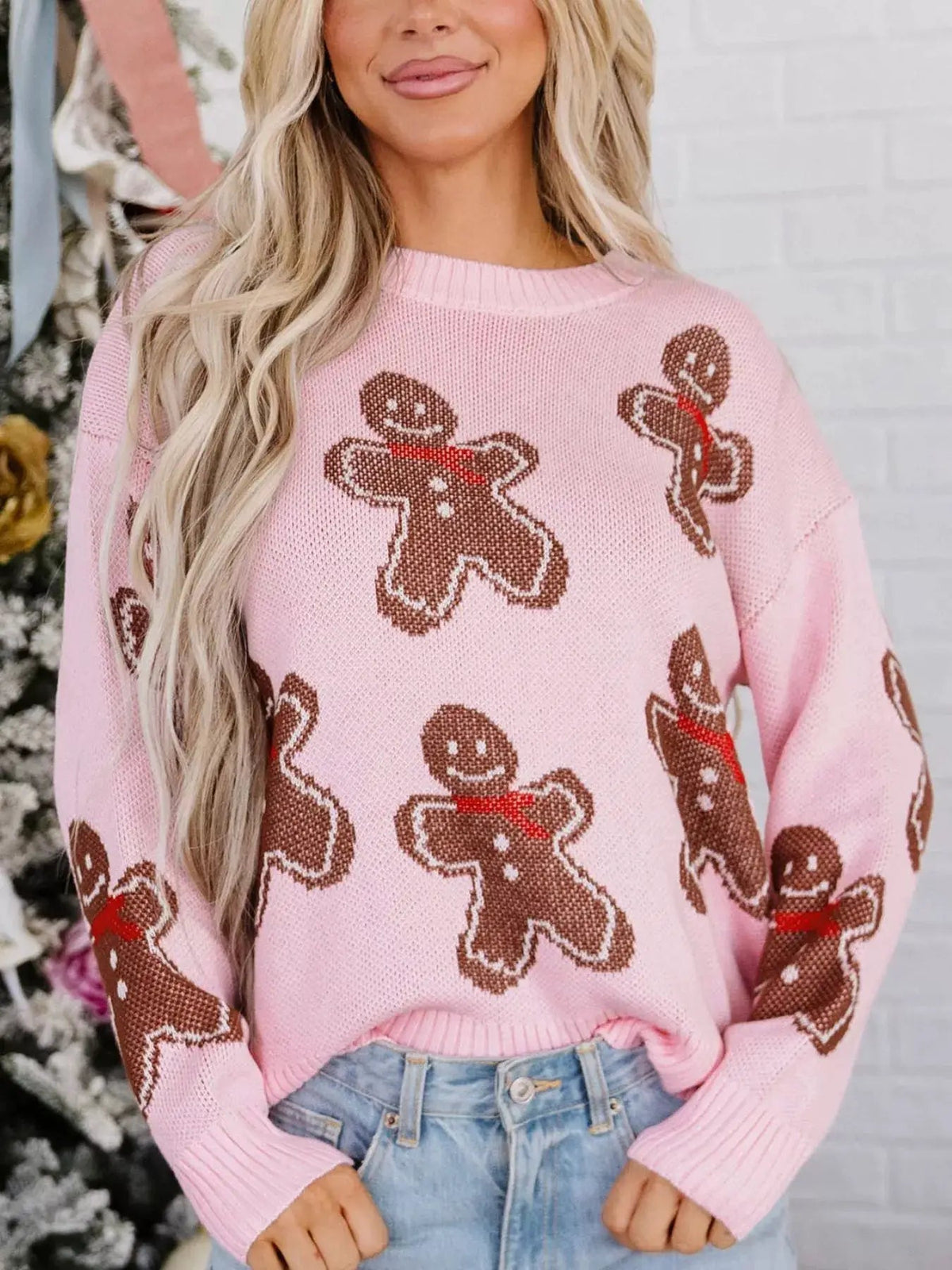 Gingerbread Pattern Round Neck Long Sleeve Shift Sweater - Bitsy Gypsy Boutique