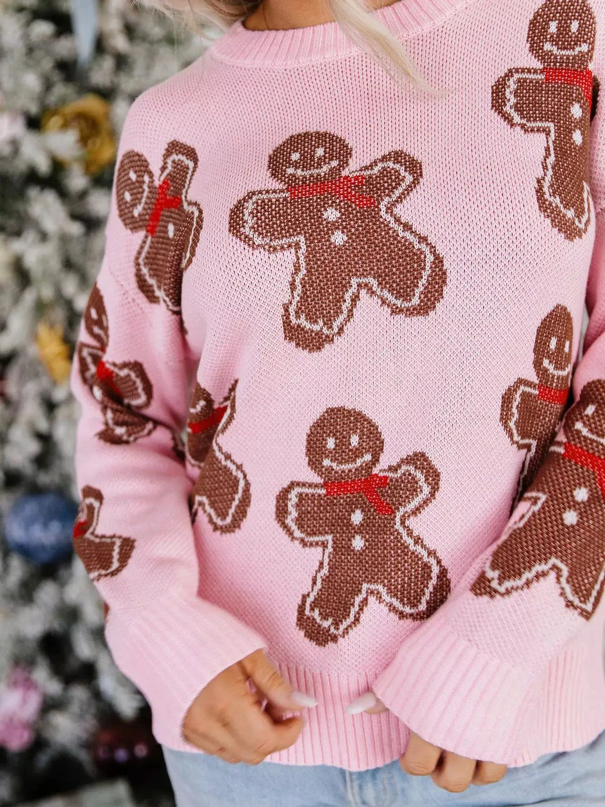 Gingerbread Pattern Round Neck Long Sleeve Shift Sweater - Bitsy Gypsy Boutique