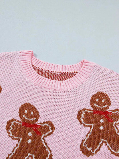 Gingerbread Pattern Round Neck Long Sleeve Shift Sweater - Bitsy Gypsy Boutique