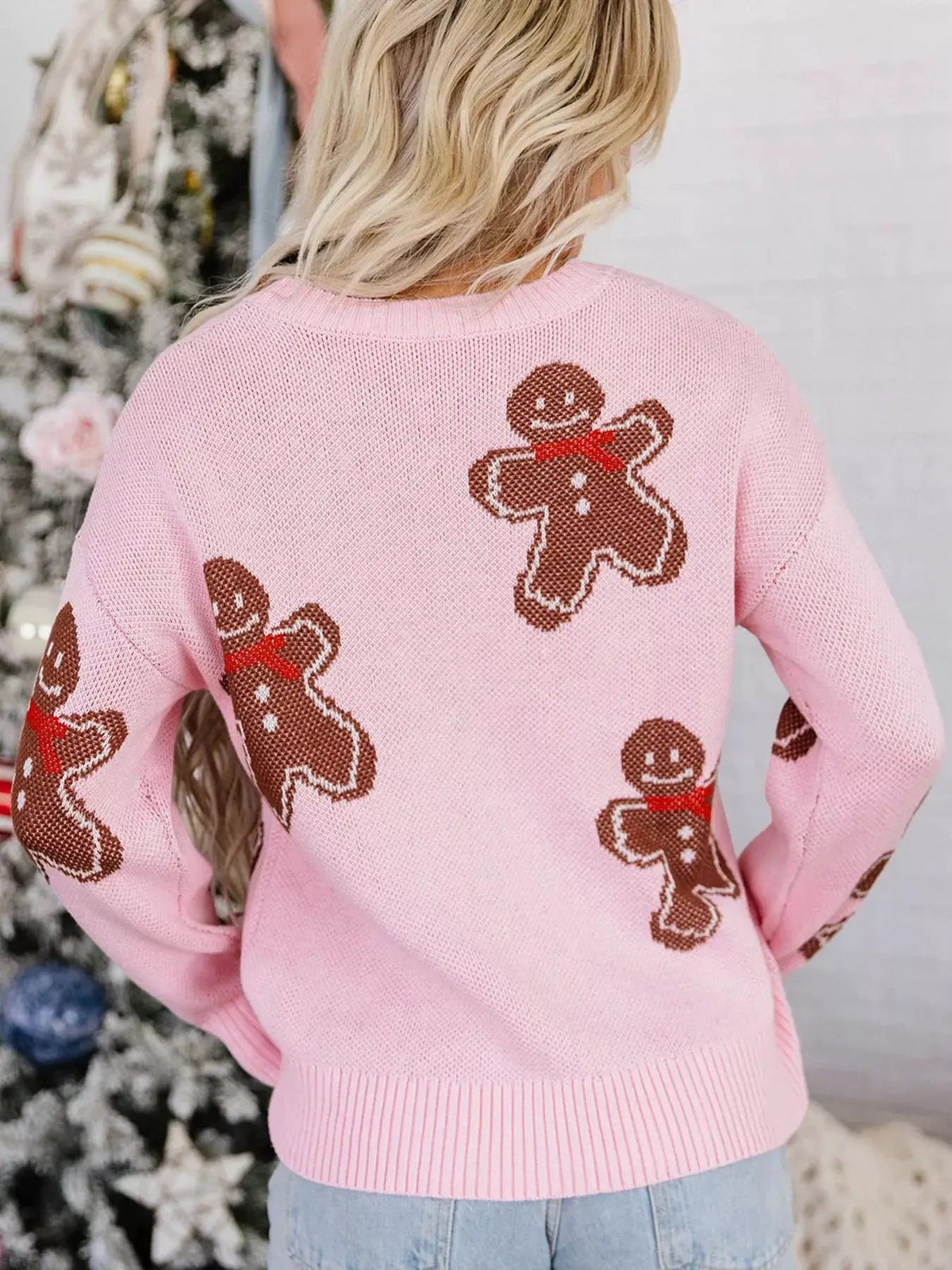 Gingerbread Pattern Round Neck Long Sleeve Shift Sweater - Bitsy Gypsy Boutique