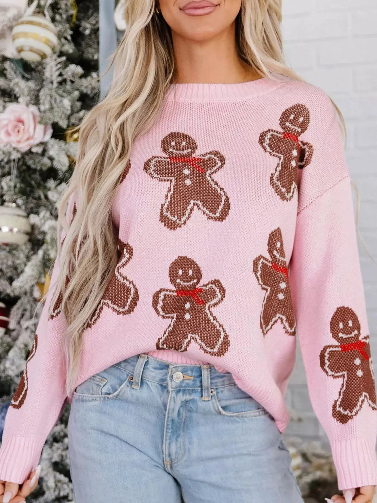 Gingerbread Pattern Round Neck Long Sleeve Shift Sweater - Bitsy Gypsy Boutique