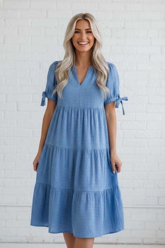 Gingham Bow Tie Short Sleeve Tiered Midi Dress - Bitsy Gypsy Boutique