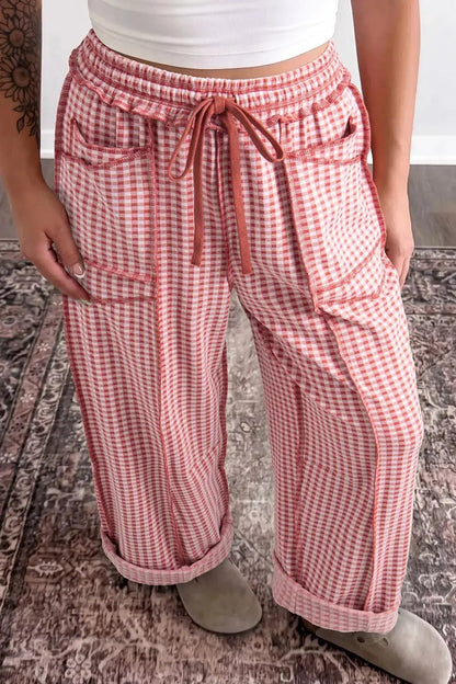 Gingham High-Waisted Drawstring Wide-Leg Pants - Bitsy Gypsy Boutique
