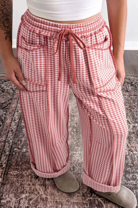 Gingham High-Waisted Drawstring Wide-Leg Pants - Bitsy Gypsy Boutique