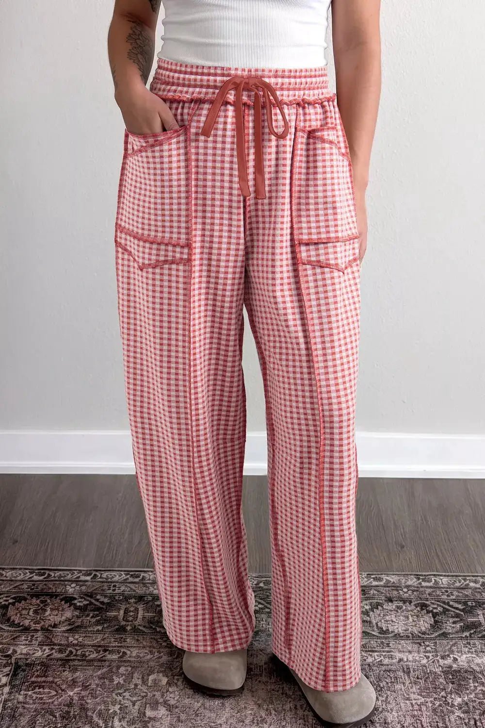 Gingham High-Waisted Drawstring Wide-Leg Pants - Bitsy Gypsy Boutique