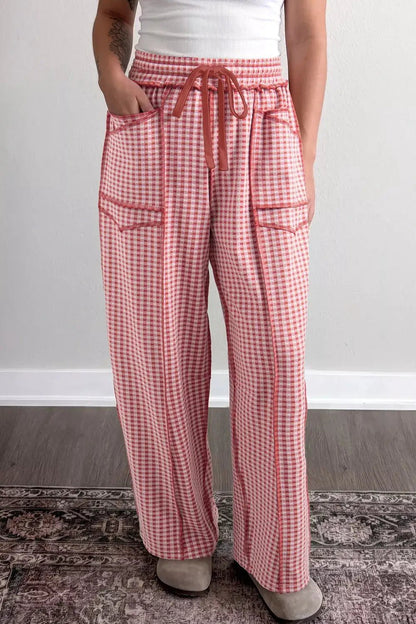 Gingham High-Waisted Drawstring Wide-Leg Pants - Bitsy Gypsy Boutique