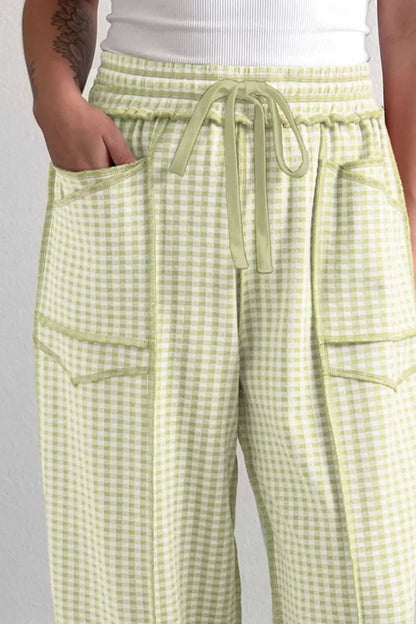 Gingham High-Waisted Drawstring Wide-Leg Pants - Bitsy Gypsy Boutique