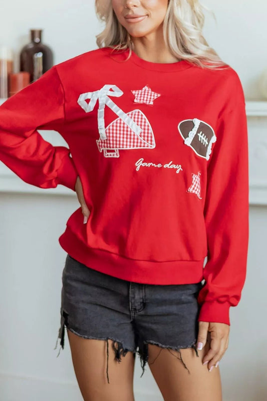 Gingham Patch Embroidered Rugby Game Day Stars Sweatshirt - Bitsy Gypsy Boutique