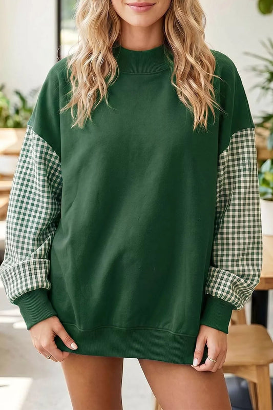 Gingham Sleeve Mock Neck Sweatshirt - Bitsy Gypsy Boutique