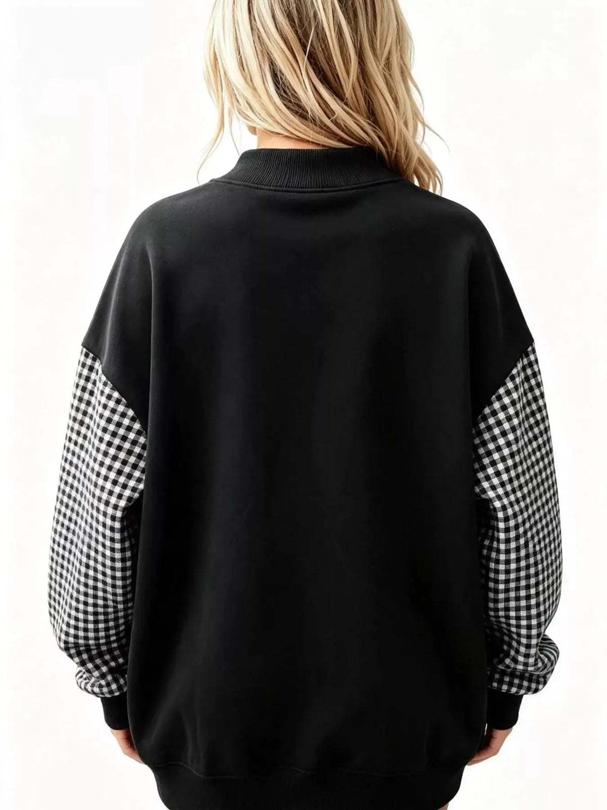 Gingham Sleeves Round Neck Sweatshirt - Bitsy Gypsy Boutique