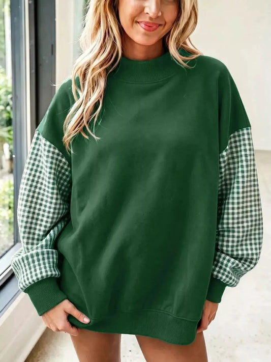 Gingham Sleeves Round Neck Sweatshirt - Bitsy Gypsy Boutique