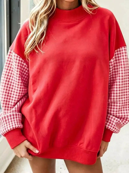 Gingham Sleeves Round Neck Sweatshirt - Bitsy Gypsy Boutique