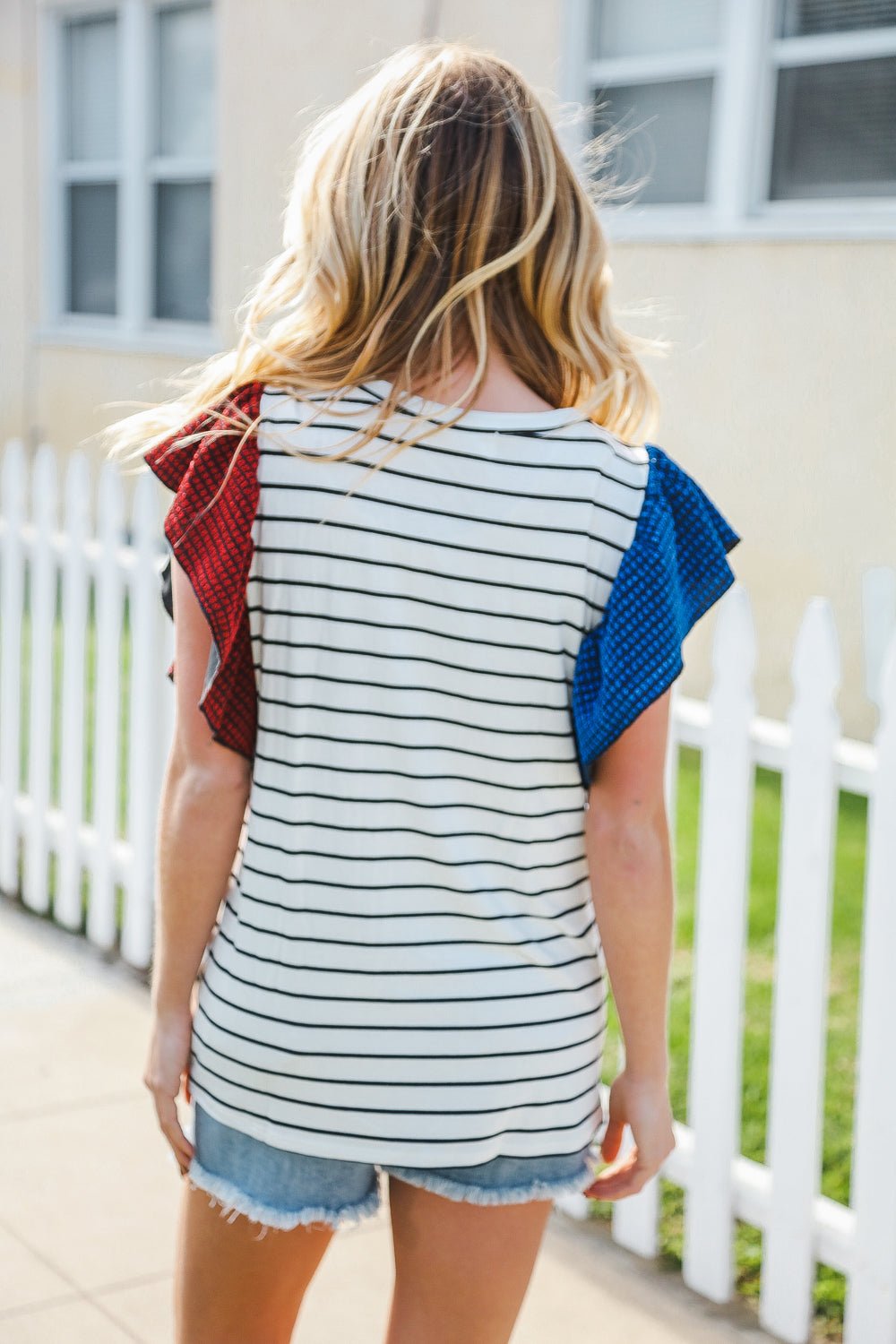 Glam It Up Red & Blue Glitter Flutter Sleeve Striped Top - Bitsy Gypsy Boutique