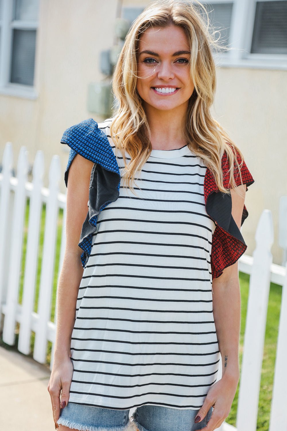 Glam It Up Red & Blue Glitter Flutter Sleeve Striped Top - Bitsy Gypsy Boutique