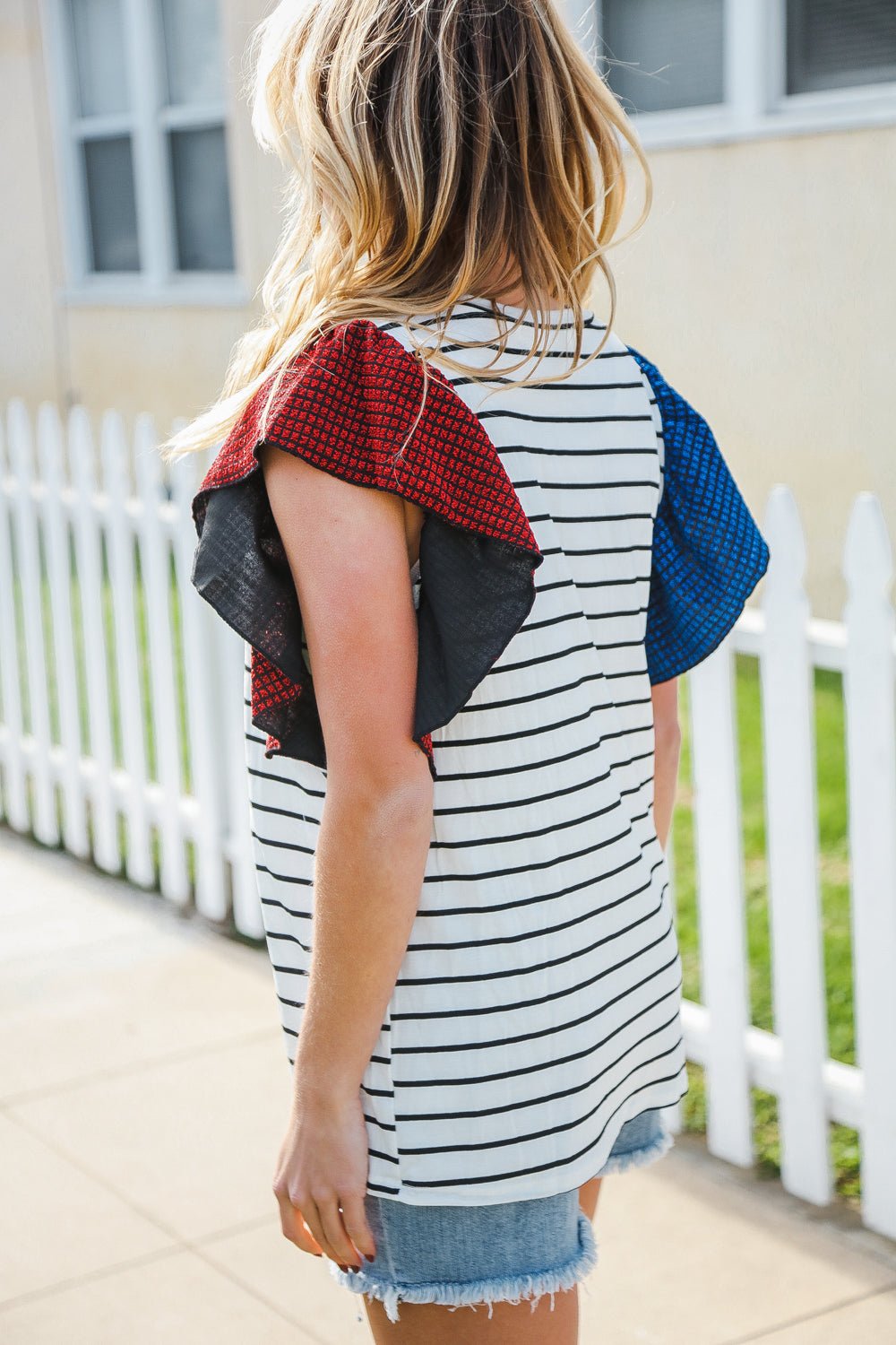 Glam It Up Red & Blue Glitter Flutter Sleeve Striped Top - Bitsy Gypsy Boutique