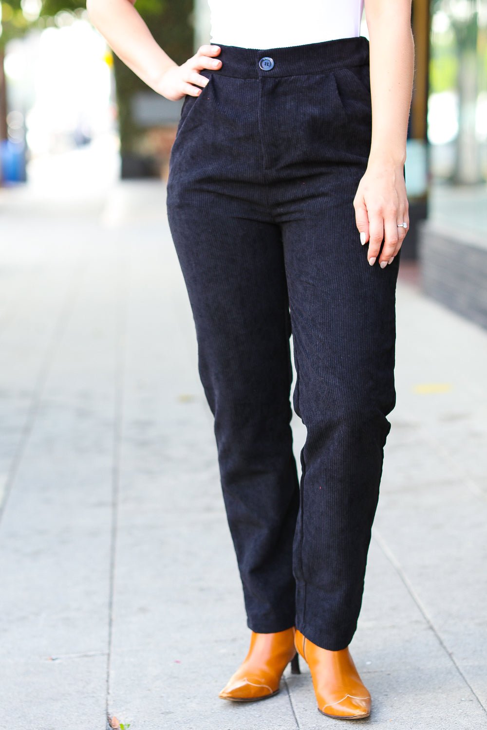 Going Your Way Black Corduroy High Rise Tapered Leg Pants - Bitsy Gypsy Boutique