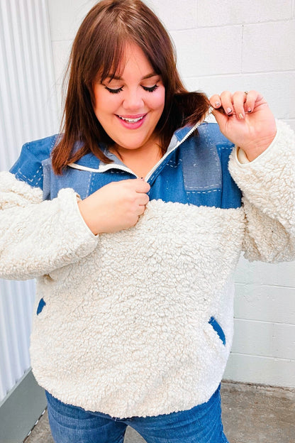 Good Vibes Denim & Ivory Patchwork Sherpa Half Zip Pullover - Bitsy Gypsy Boutique