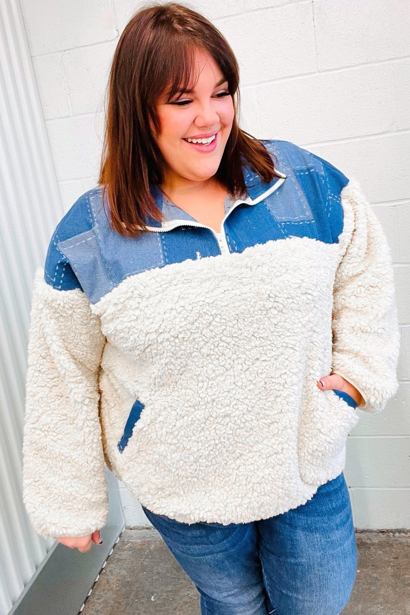 Good Vibes Denim & Ivory Patchwork Sherpa Half Zip Pullover - Bitsy Gypsy Boutique